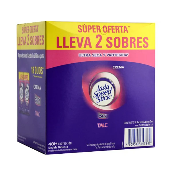 Desodorante en crema Lady Speed Stick talco sachet de 9 gr por 18 unidades en duos