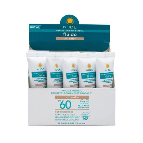 Bloqueador facial Nude Fluido SPF 60 con color en display de 10 tubos por 10 ml c/uno