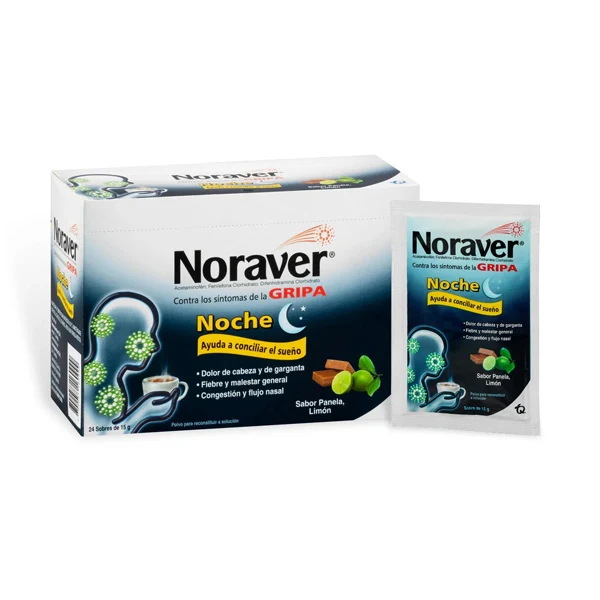 Noraver Gripa Noche en polvo en display de 24 sobres
