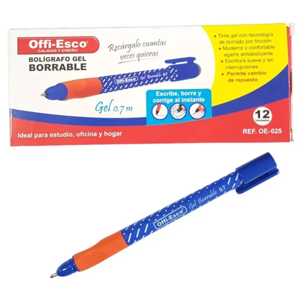 Lapicero de gel borrable azul Offi-Esco en cajita de 12 unidades ref. OE-025